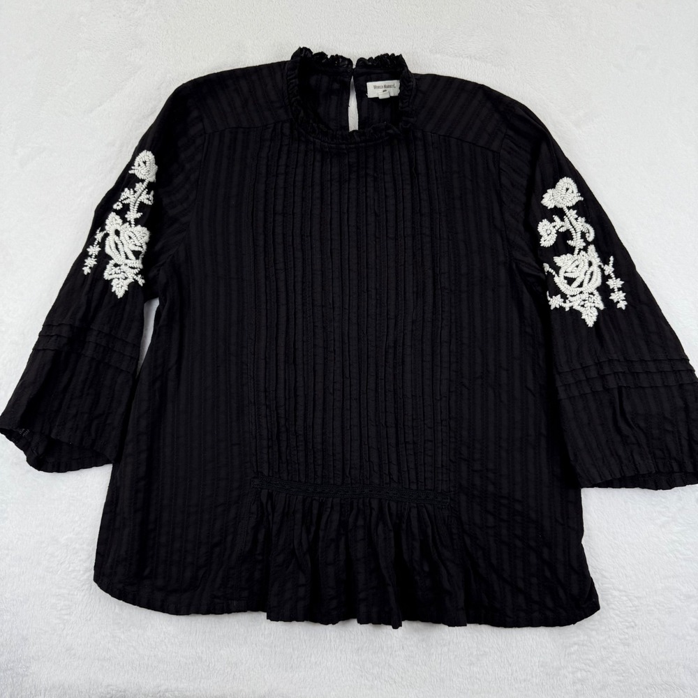 World Market Black Floral Embroidered Cotton Top Tunic‎ Blouse Size S/M